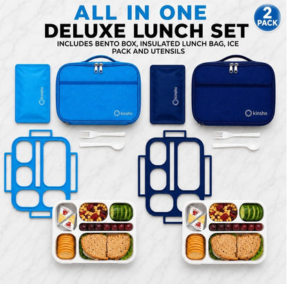 kinsho Lunch Box for Kids Boys Girls - Bento Box Set with Insulated Bag and Ice Pack, 6 Compartment Leak Proof Food Container, BPA-Free, Microwave Safe, Ideal for School & Work, Teal