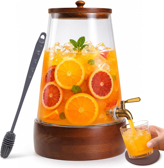 Glass Drink Dispenser with Spigot, 1.72 Gallon Beverage Dispenser for Parties, Acacia Wood Stand, Silicone Protection Mat & Cleaning Brush, Beverage Server for Lemonade, Juice, Iced Tea, Sangria
