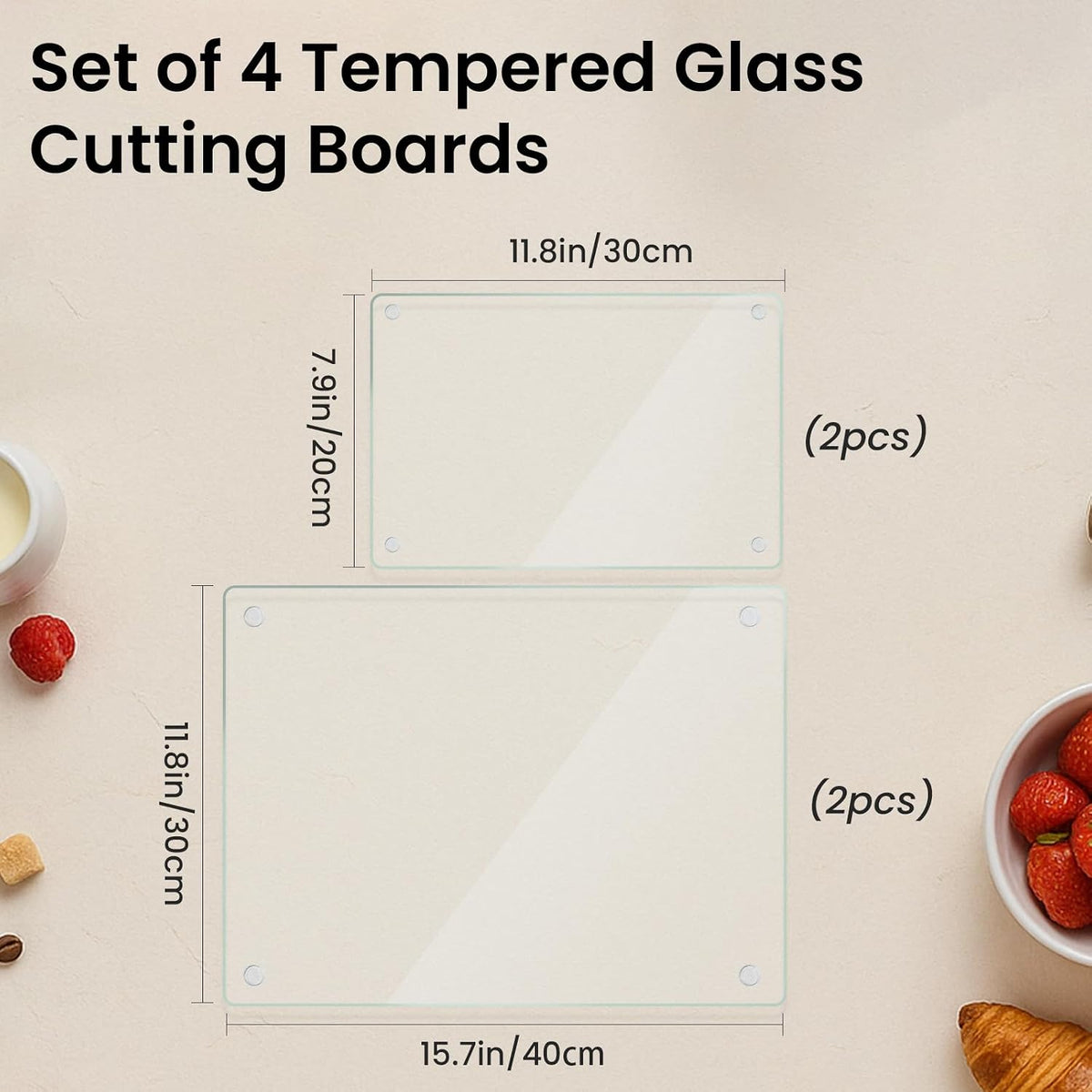 Glass Cutting Boards for Kitchen,Clear Tempered Cutting Board for Countertop,Non-slip Chopping Board,Table protection, Heat Resistant, Shatter Resistant, Set of 4