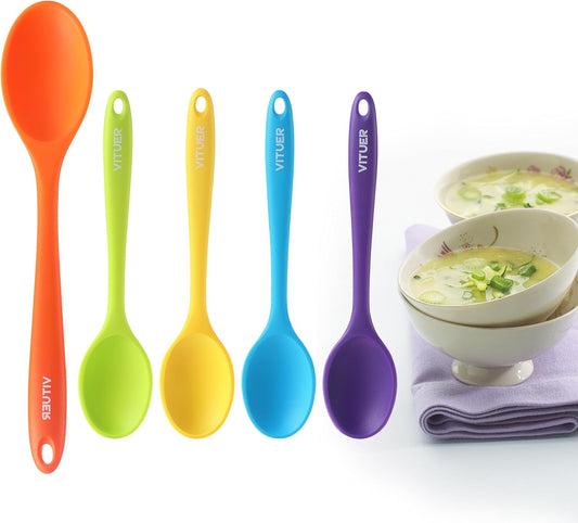 5PCS Silicone Serving Spoons Set, Vituer Heat Resistant Kitchen Spoons for Cooking, Mixing, Stirring and Serving, Dishwasher Safe (5 Pack, Multicolor)