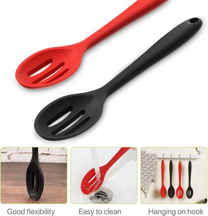 Boao 4 Pcs Silicone Spoons for Cooking 10.6 Inch Large Nonstick Serving Spoons Heat Resistant Slotted Spoon for Mixing & Stirring Kitchen Cooking Utensils, Dishwasher Safe(Black)