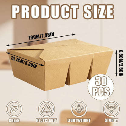 30 Pack 3 Compartment Take Out Food Containers, 7.5x5.4x2.6" Bamboo Pulp Paper Take Out Boxes, Disposable To Go Container Take Out Containers, Greaseproof Paper Bento Box Takeout Lunch Boxes with Lid