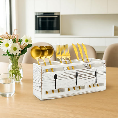 Wooden Silverware Cutlery Holder White Flatware Caddy Small Kitchen Utensil Holders for Party Wood Silverware Organizer Storage for Table Countertop Spoon and Fork Holder Utensils Caddy Basket