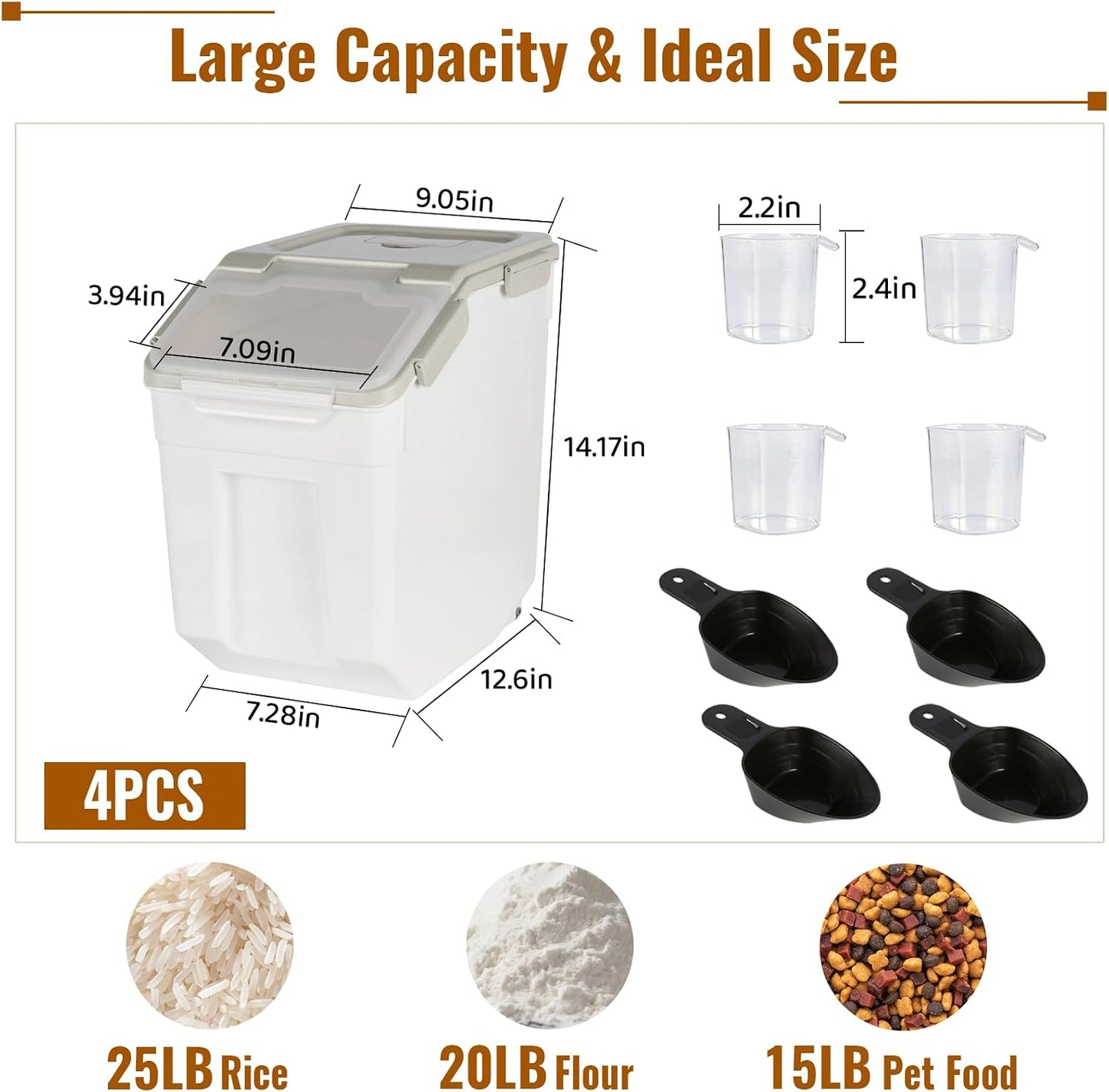 4 Pack Rice Container 25 lbs Large Bulk Flour Sugar Storage Holdhouse Plastic Grain Cereal Dry Goods Bin with Spoon and Measuring Cup for Kitchen Pantry Organization - Green