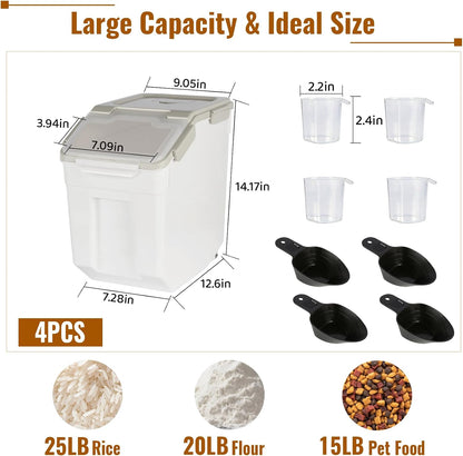4 Pack Rice Container 25 lbs Large Bulk Flour Sugar Storage Holdhouse Plastic Grain Cereal Dry Goods Bin with Spoon and Measuring Cup for Kitchen Pantry Organization - Green