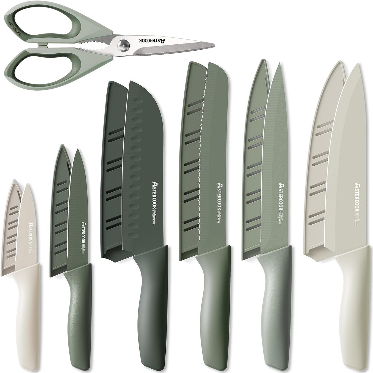 Astercook Knife Set, 13 Pieces Kitchen Knives Set with Healthy Anti-Rust Coating, Dishwasher Safe, Stainless Steel Chef Knife Sets with 6 Blade Guards, Perfect Holiday Gifts for Kitchen