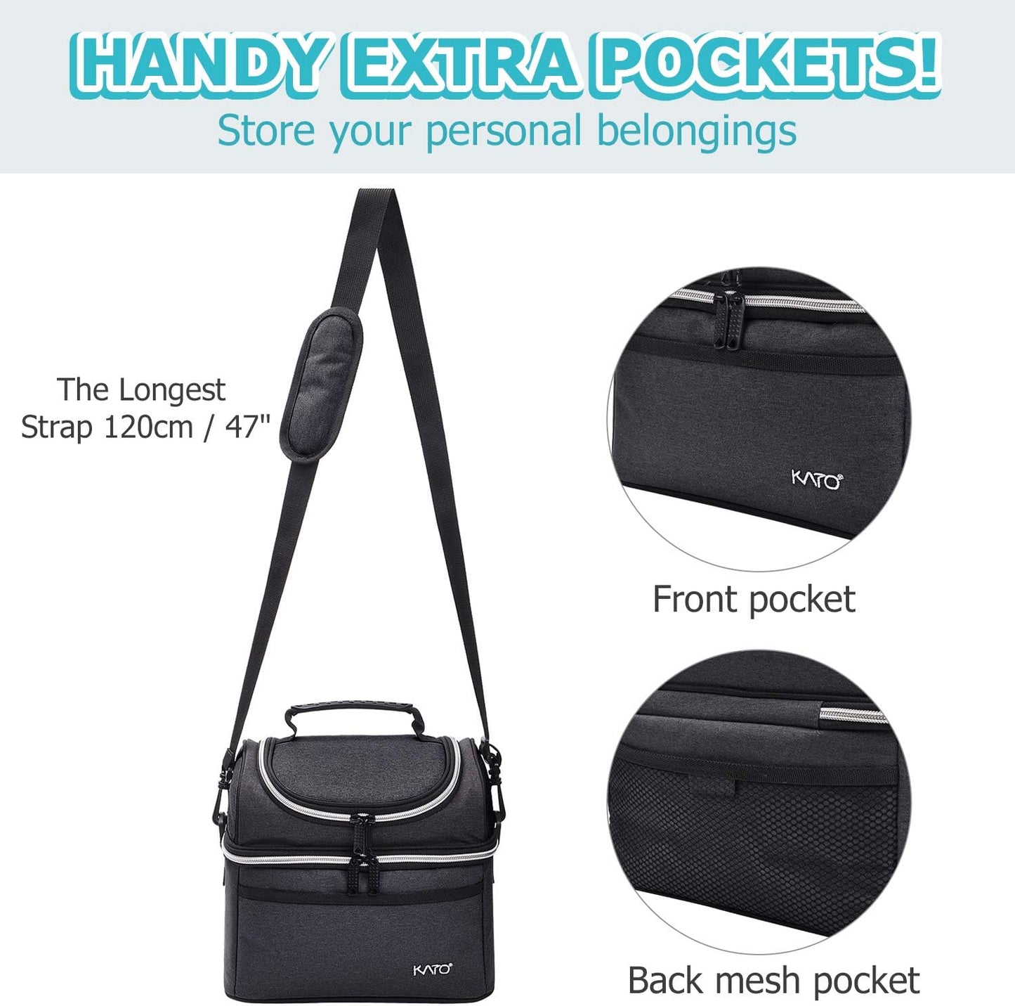 Tirrinia Reusable Lunch Box for Men Women, Insulated Lunch Bag Adult Work, Double Decker Leakproof Lunchbox for Office Picnic Beach—Dual Compartment Lunch Cooler Bag