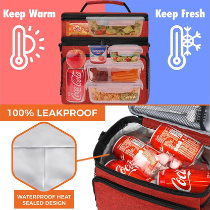 opux Insulated Lunch Bag for Men Women, Large Dual Compartment Cooler Bag, Soft Two Deck Lunch Box for Work School Picnic, Leakproof Lunch Tote with Shoulder Strap for Kid Adult (Purple, Double Deck)