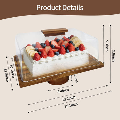 Acacia-Wood-Cake-Stand With Acrylic Lid, Rectangular Cake Plates Charcuterie Board With Cover, 2-in-1 Cake Holder With Dome，Dessert Table Display Stand For Cheese, Chips & Dips, Nachos, Fruit Platter