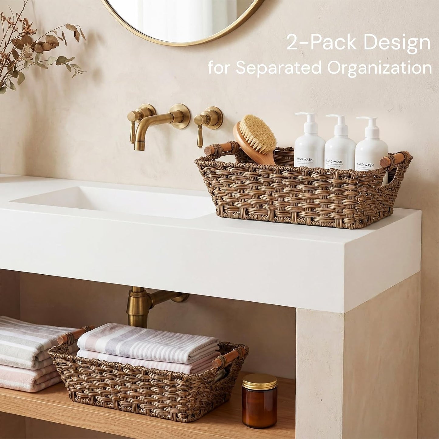 2 Pack Brown Wicker Storage Basket, Metal Frame Hand Woven Organizer Bin with Handle, 14.6"L x 10.7"W x 5"H Waterproof Rattan Laundry Organizer Totes for Pantry, Living Room, Bathroom