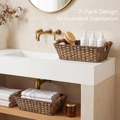 2 Pack Brown Wicker Storage Basket, Metal Frame Hand Woven Organizer Bin with Handle, 14.6"L x 10.7"W x 5"H Waterproof Rattan Laundry Organizer Totes for Pantry, Living Room, Bathroom
