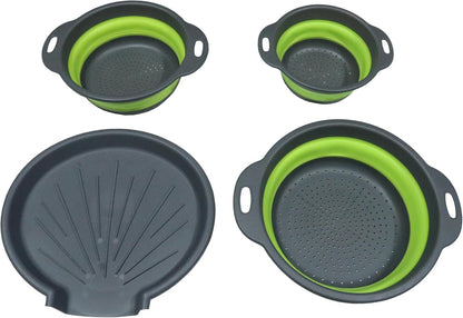 Sink diversion Collapsible Colanders (3 Pack Set) Food Strainers with Over-Sink Water Draining Base for Pasta Fruits and Vegetables(3 Sizes, 3QT, 4QT and 5 Quart) (Green)