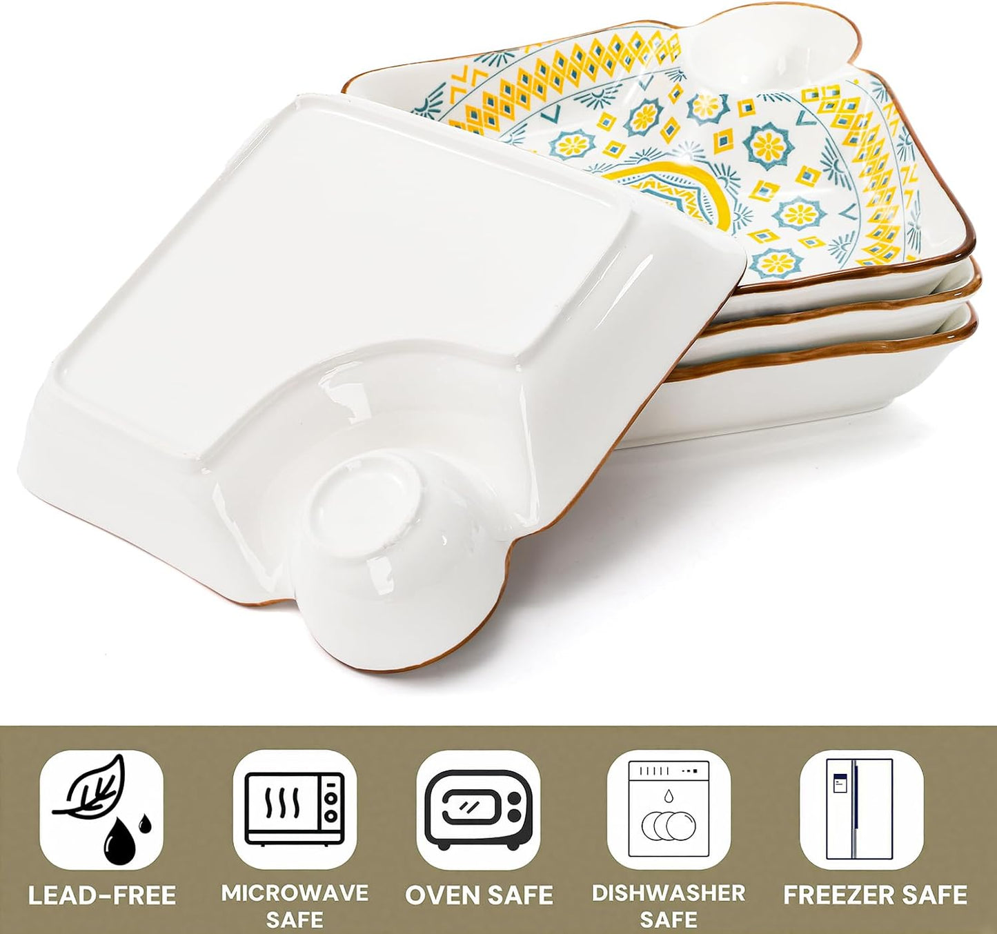 Pumtus 4 Pack Ceramic Dumpling Plates with Dipping Saucer, 7.3'' Individual Chip and Dip Serving Platter, Square Japanese Sushi Dish Tray, Colorful Serving Bowl for Appetizer Snack Fries Gyoza Taco