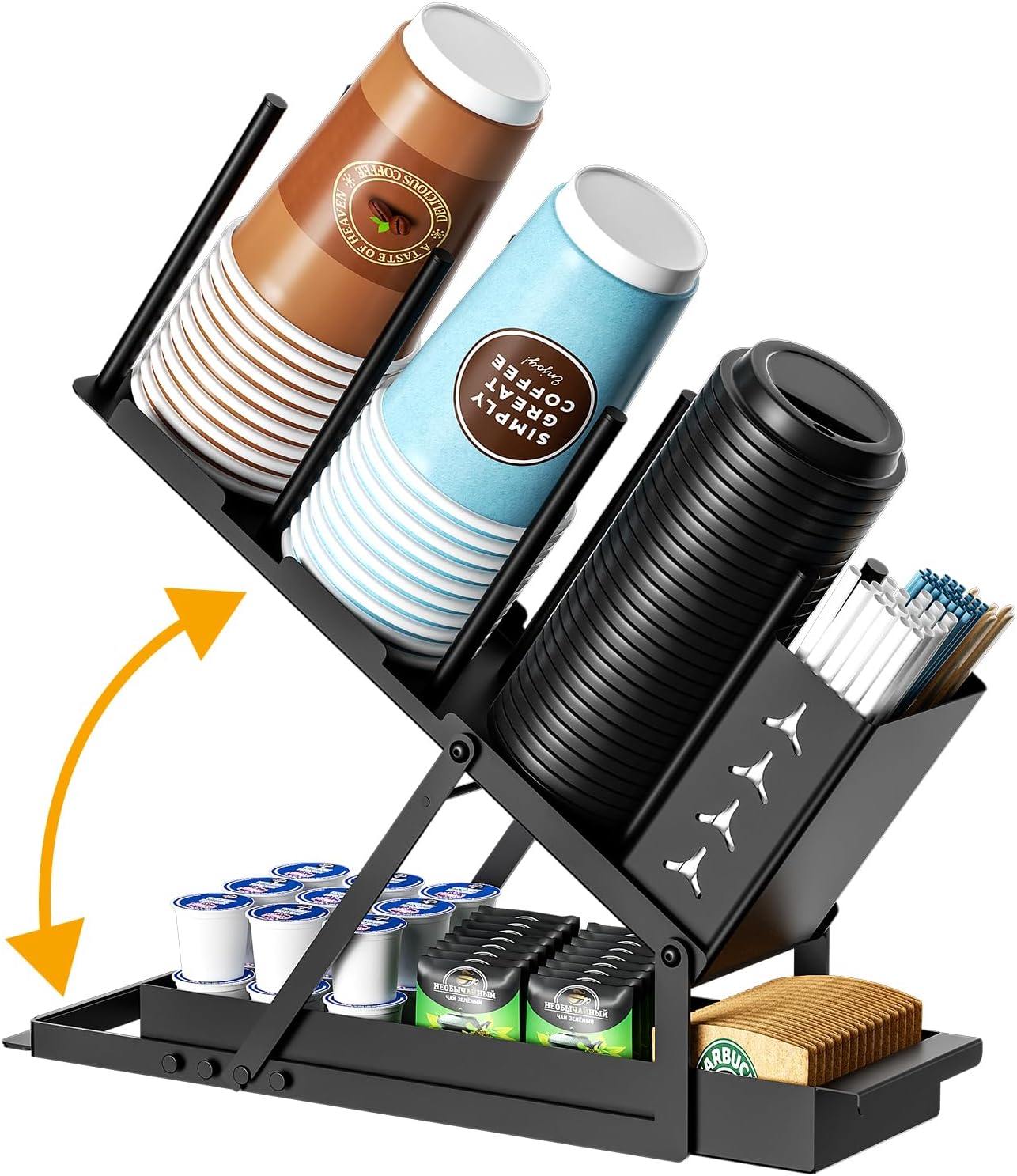 Cup and Lid Holder with Straw Organizer Coffee Station Organizer, Metal Cup Dispenser 5 Compartment Coffee Cup Holder for Coffee Bar Accessories, Disposable Paper Cups, Plastic Cups, Lids