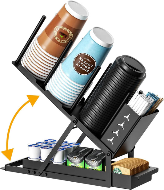 Cup and Lid Holder with Straw Organizer Coffee Station Organizer, Metal Cup Dispenser 5 Compartment Coffee Cup Holder for Coffee Bar Accessories, Disposable Paper Cups, Plastic Cups, Lids