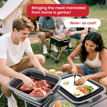 BBQ Prep Tub 3-IN-1 Large 16L Collapsible Cutting Board with Locking Lid for Meal Prep Marinating Food, Camping Sink with Colander, Dish Basin, Storage Blanket for Camping Picnic BBQ, Black