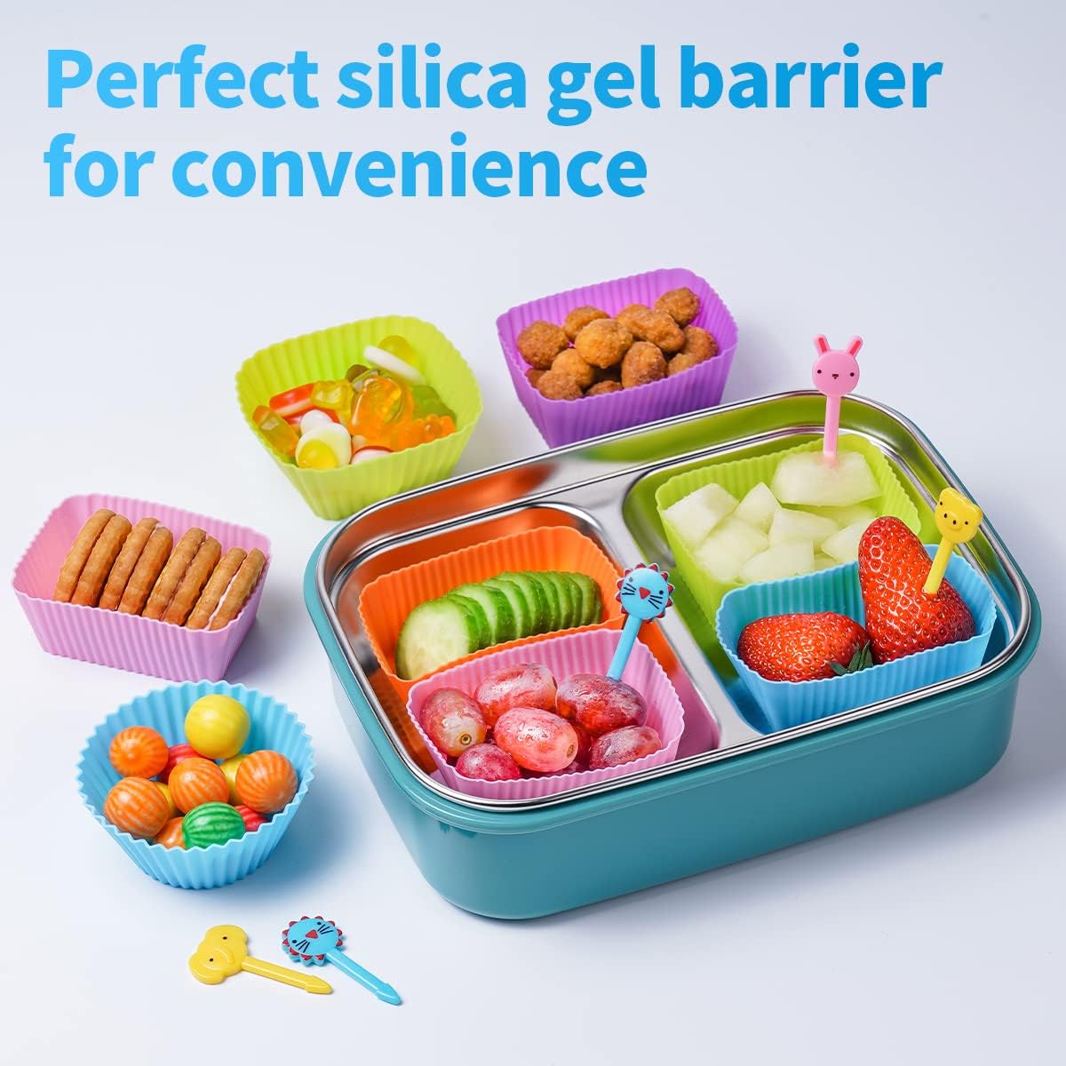 Doiaz Silicone Lunch Bento Box, 52 Pack Bento Lunch Box Bundle Dividers with Food Picks Lunch Accessories, Durable, Reusable, BPA-Free, Freezer and Dishwasher Safe