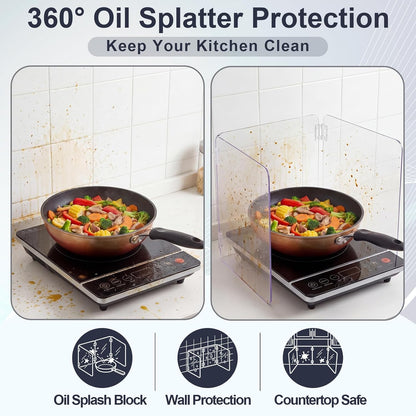 Unittype 4 Sided 360° Visibility Transparent Splatter Guard, Heat-resistant Cooking Stove Screen for Induction Cooktop Only, Acrylic Foldable Oil Splatter Guard, Fits Various Stovetops