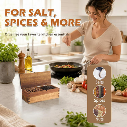Acacia Wood Salt Cellar Spice Box with Magnetic Lid 29oz Large Capacity Salt Organizer 3 Compartments for Kitchen Countertop, Pepper, Seasonings, Spices, Grilling & Cooking