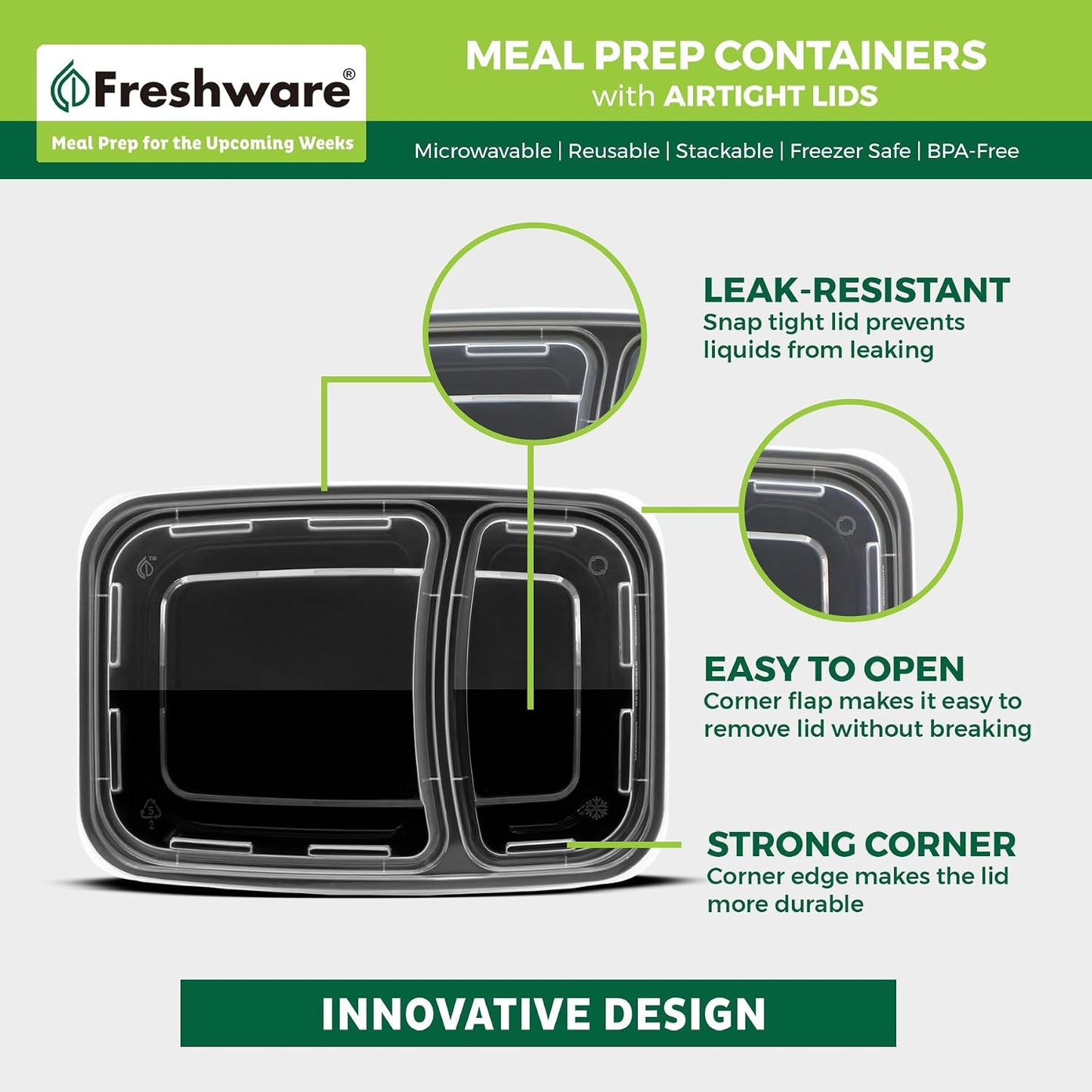 Freshware Meal Prep Containers [50 Pack] 2 Compartment with Lids, Food Storage Containers, Bento Box, BPA Free, Stackable, Microwave/Dishwasher/Freezer Safe (28 oz)