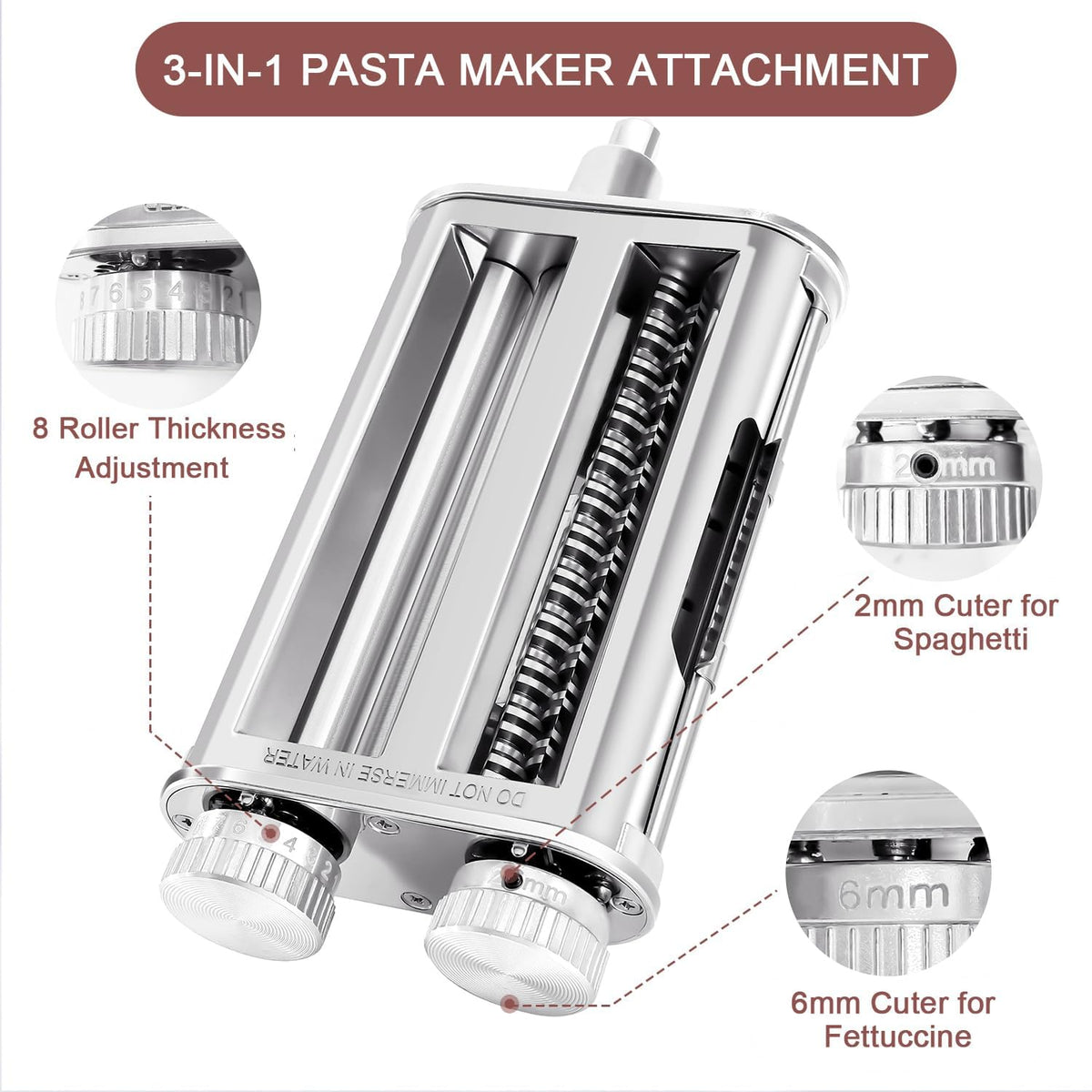 Pasta Maker Attachment for KitchenAid Mixer, 3-in-1 Metal Roller & Cutter