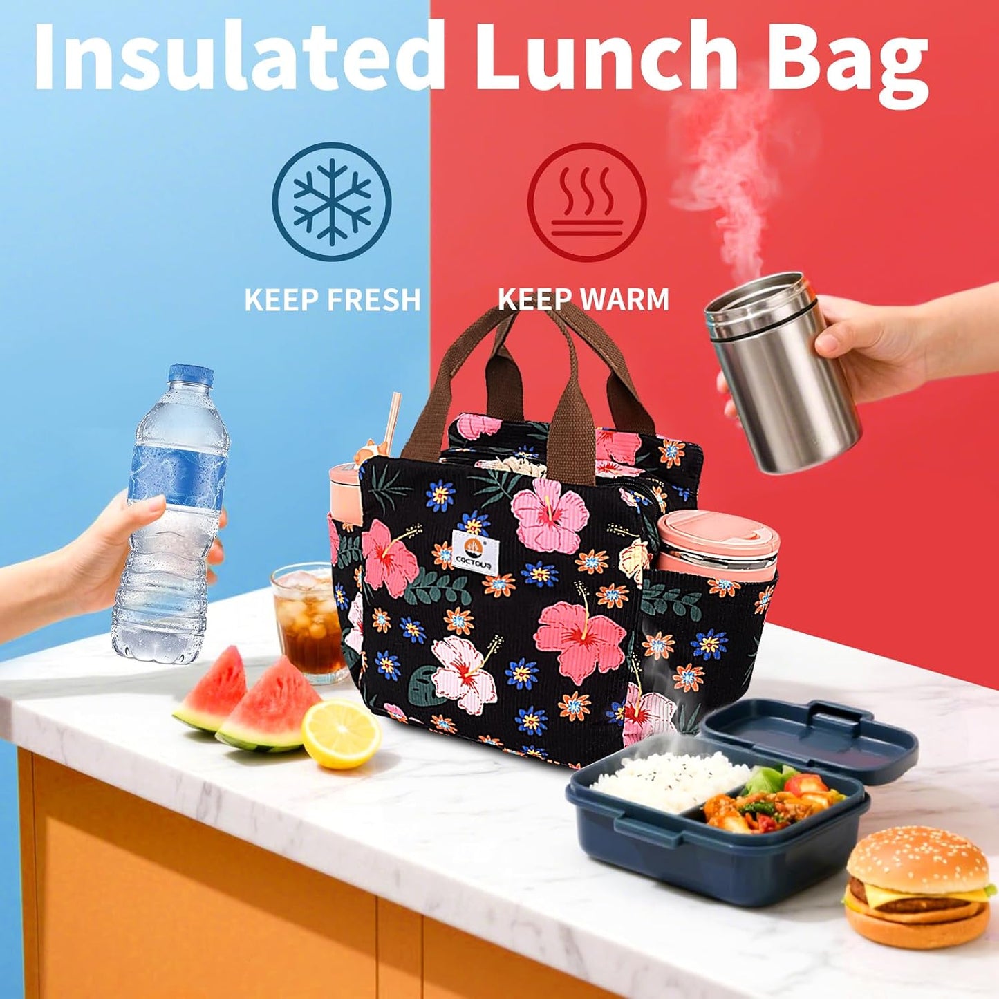 CaCTOUR Lunch Box for Women Girls Teens,Cute Lunch Box Cooler Bag, Portable Insulated Small Lunch Bag Women Reusable Corduroy Lunch Tote for Work/Travel/Picnic/School (Dog Green,Small)