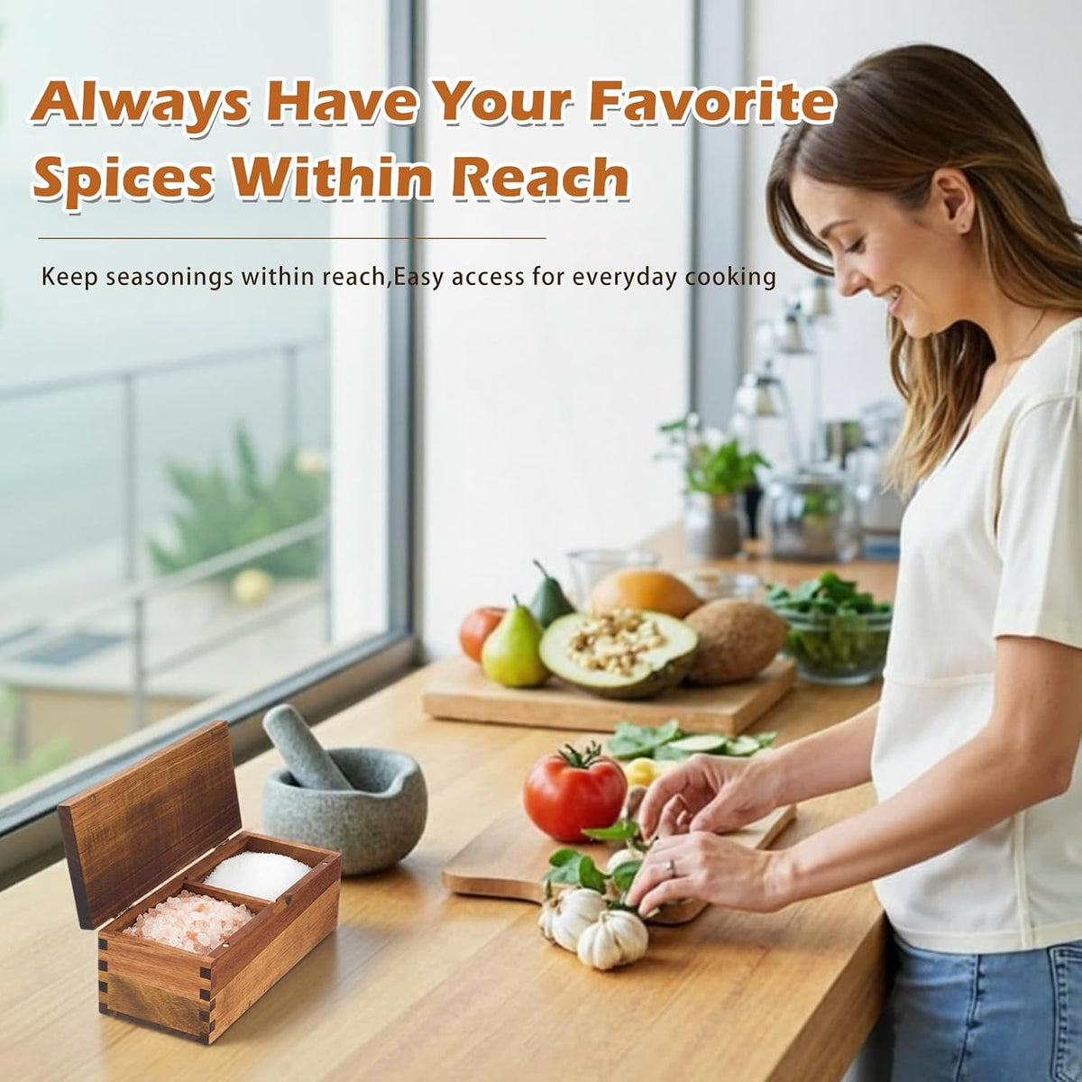 Acacia Wood Salt Cellar Spice Box with Magnetic Lid 29oz Large Capacity Salt Organizer 3 Compartments for Kitchen Countertop, Pepper, Seasonings, Spices, Grilling & Cooking