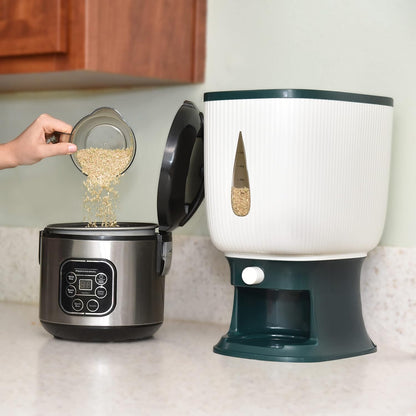 Rice Dispenser for Countertops – Seal 20 Lbs. of Food in Your Small, Strong, Light Rice & Cereal Dispenser – Brush & Measuring Cup Included – White-Green – Home & Kitchen Goods