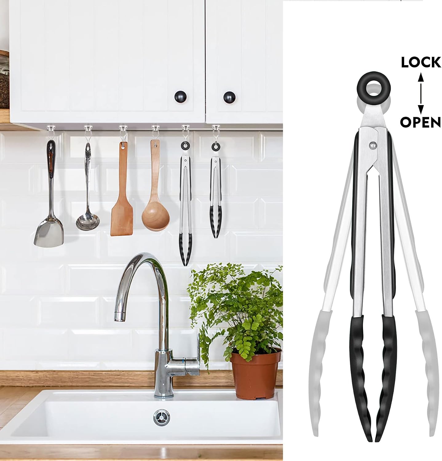 HOTEC Premium Stainless Steel Locking Kitchen Tongs with Silicon Tips, Set of 2-9" and 12"