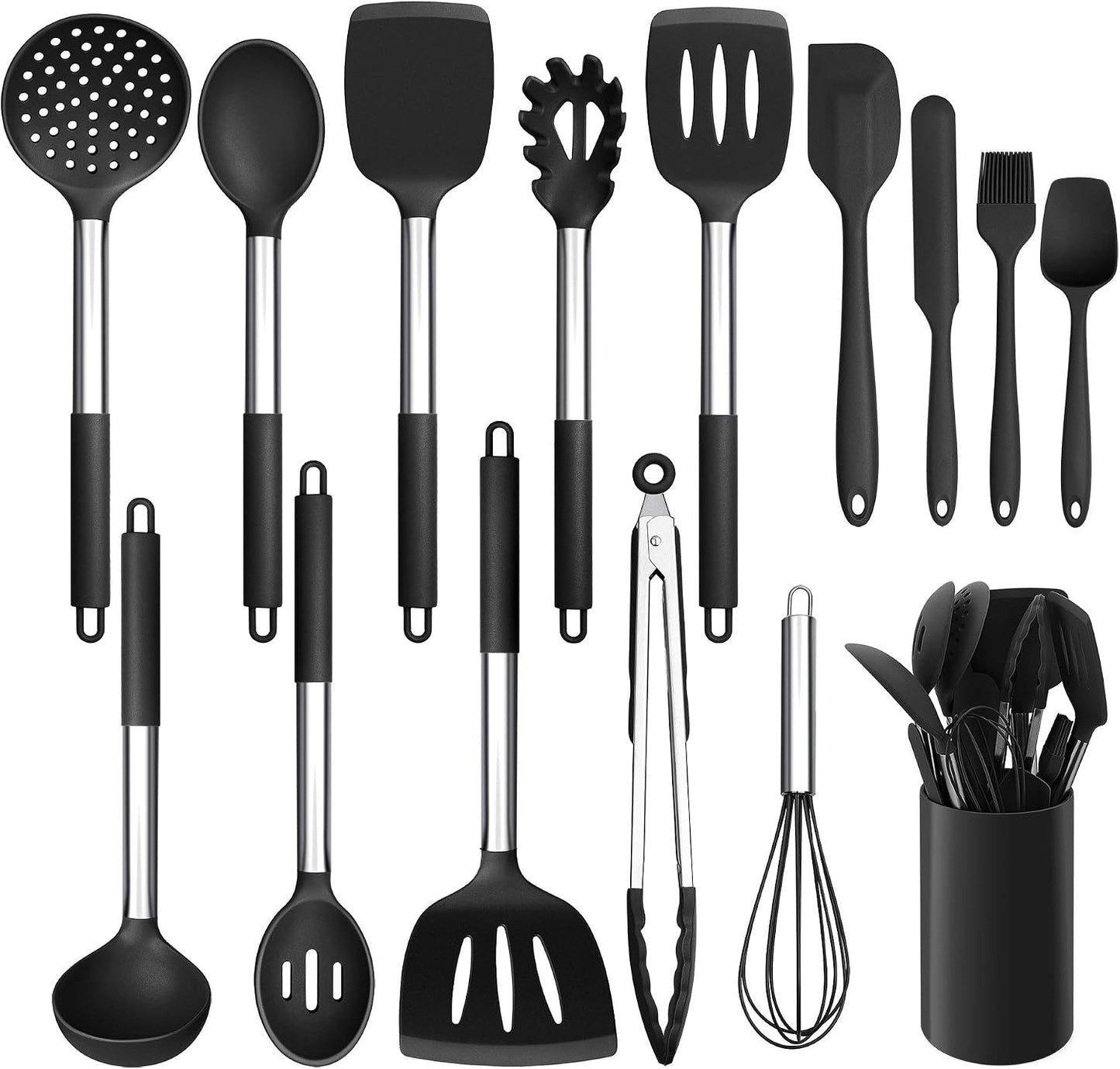 LIANYU 15 Pcs Kitchen Cooking Utensils Set with Holder, Silicone Kitchen Tools with Stainless Steel Handle, Heat Resistant Gadgets, Brush Spatula Spoon Whisk for Cookware, Dishwasher Safe, Khaki