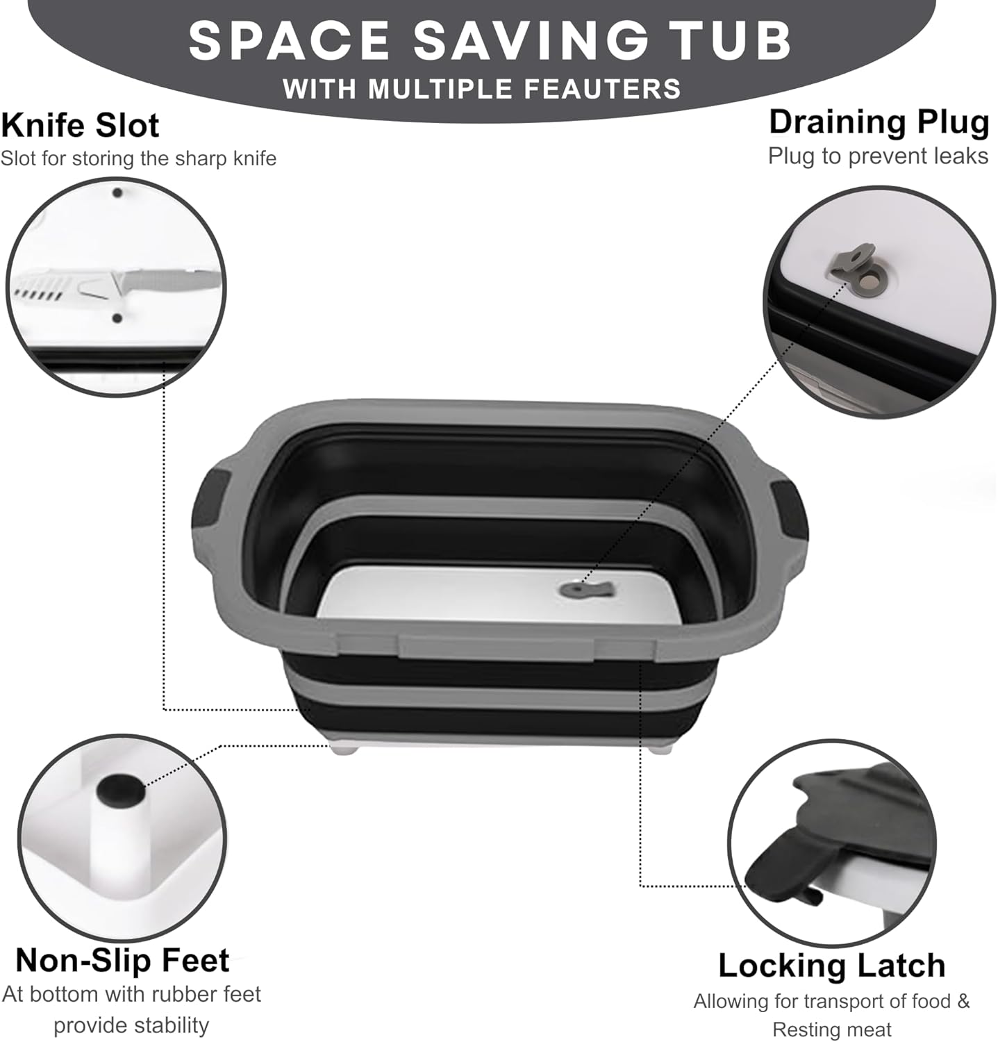 Collapsible BBQ Prep Tub 8L Black | Portable Meat Marinating Container with Locking Cutting Board Lid, BBQ Tongs, 2 Meat Shredding Claws & 2 Heat-Resistant Grill Gloves for Camping & Grilling