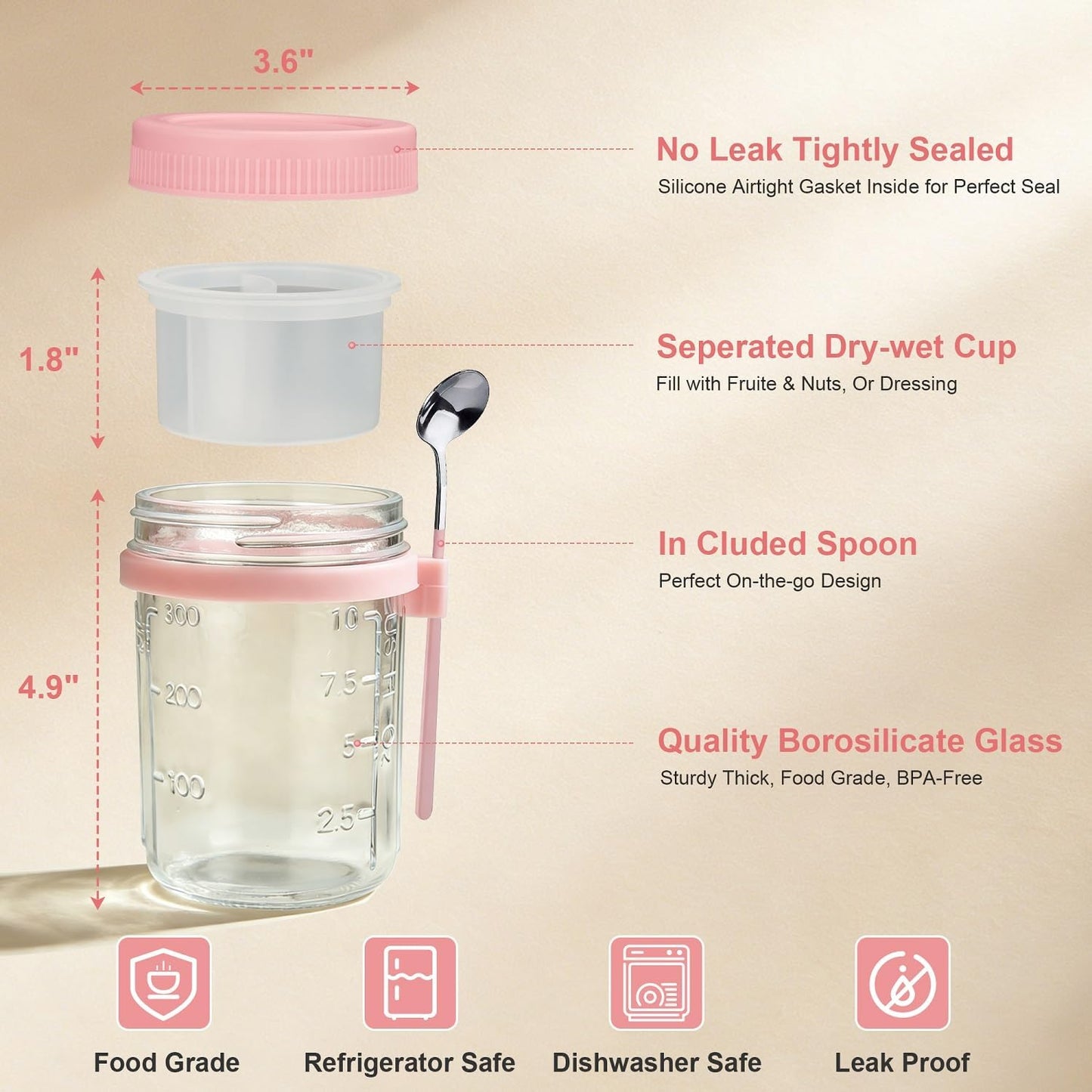 Overnight Oats Containers with Lids and Spoons - 4 Pack 16 oz Glass Mason Jars with Separate Compartments Airtight Overnight Oat Jars Leakproof Yogurt Parfait Cup for Oatmeal Chia Pudding Cereal Salad
