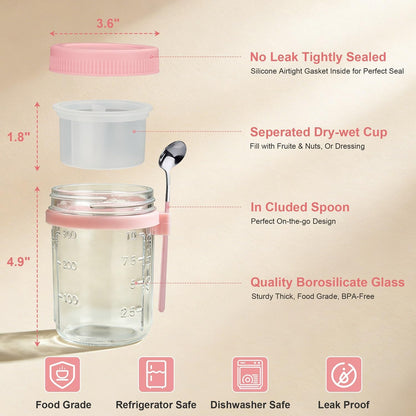 Overnight Oats Containers with Lids and Spoons - 4 Pack 16 oz Glass Mason Jars with Separate Compartments Airtight Overnight Oat Jars Leakproof Yogurt Parfait Cup for Oatmeal Chia Pudding Cereal Salad