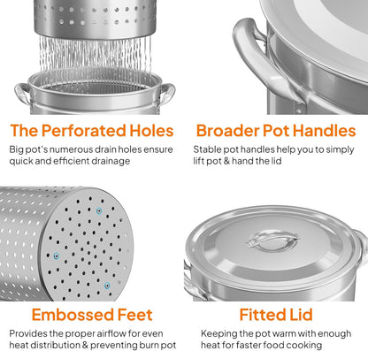 Bonnlo 30QT Aluminum Stock Pot for Boiling Seafood, Crawfish & Crab, Frying Turkey & Steaming Tamales, Large Boil Pot with Strainer Basket, Lid, Lifting Hook & Steamer Rack for Outdoor Cooking