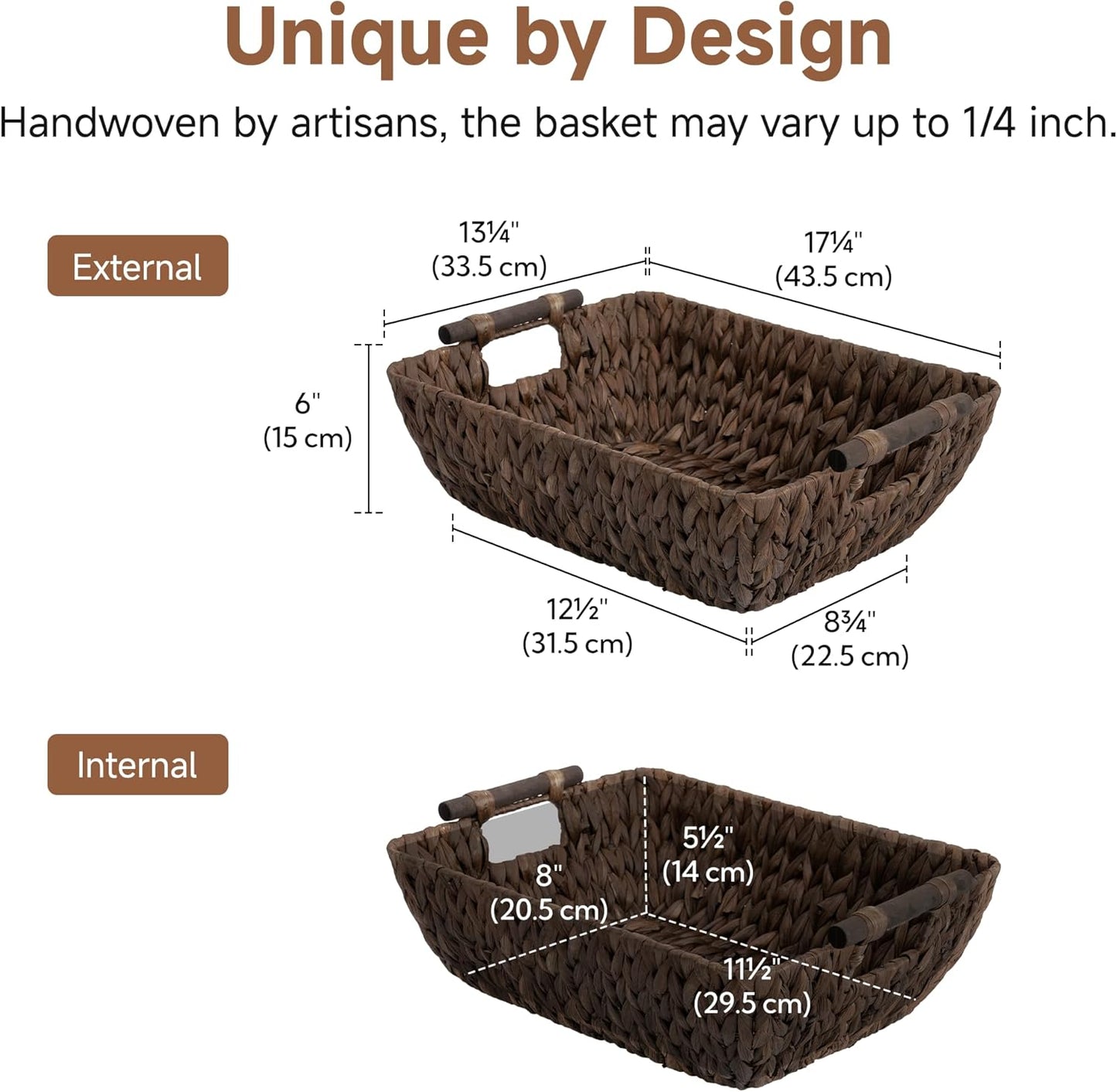StorageWorks Hand-Woven Storage Baskets with Wooden Handles, Water Hyacinth Wicker Baskets for Organizing, 2 Pack