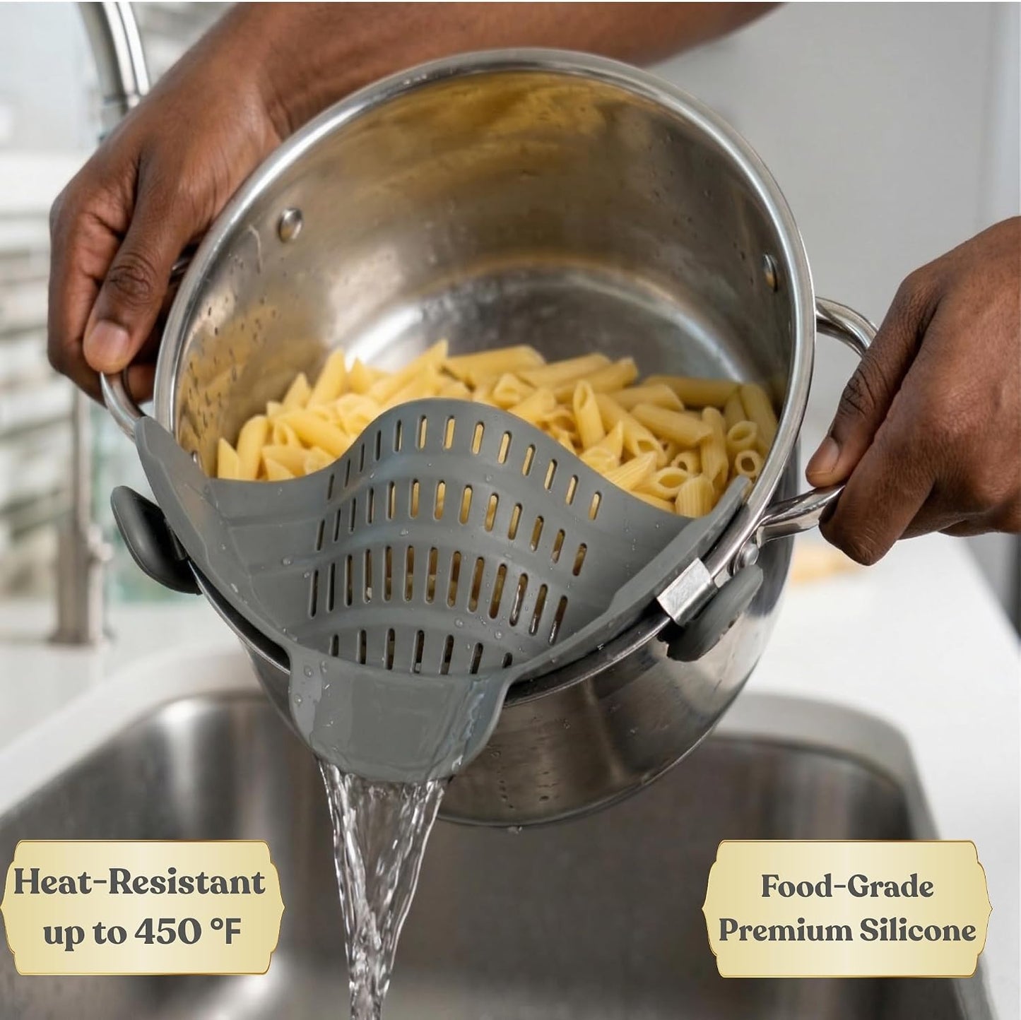 Clip On Strainer Silicone for Pots and Pans, Universal Fit Pasta Strainer and Pot Colander, Space Saving Food Drainer with Collapsible Funnel and Garlic Peeler, 3 Pcs Set, Gray