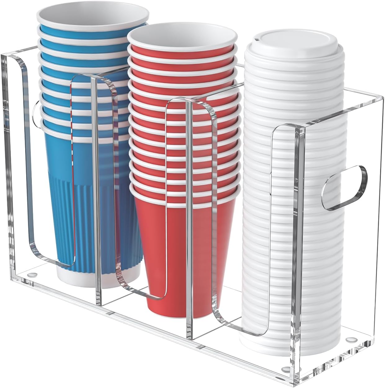 WINFFOR Disposable Cup Organizer Dispenser - 2 Compartments Clear Acrylic Cup and Lid Holder with Handles Plastic Cup Dispenser Countertop Paper Cup Holder for Coffee Bar House Party Essentials