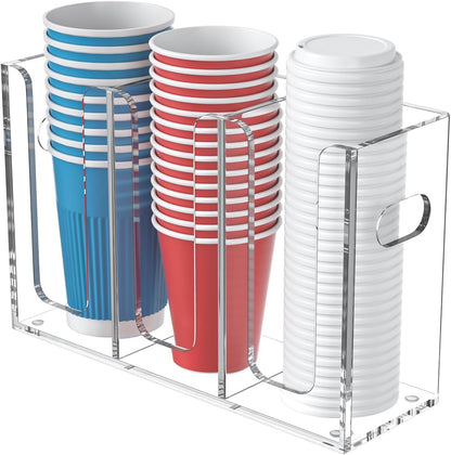 WINFFOR Disposable Cup Organizer Dispenser - 2 Compartments Clear Acrylic Cup and Lid Holder with Handles Plastic Cup Dispenser Countertop Paper Cup Holder for Coffee Bar House Party Essentials