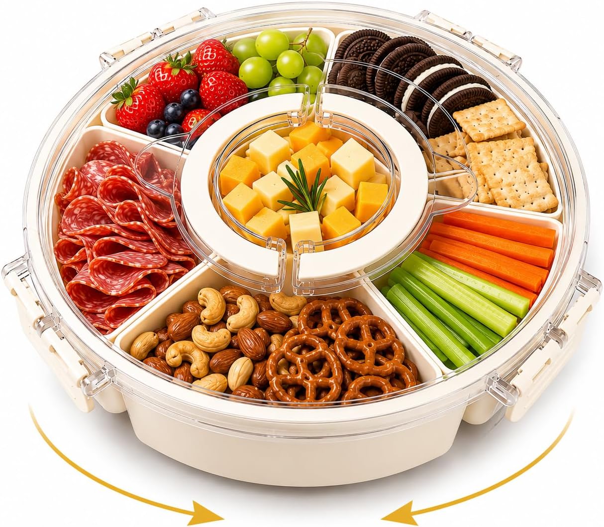 Snackle Box Container with Lid & Handle, 6 Compartment Snack Tray for Kids & Adults, Portable Serving Tray for Fruit, Veggies, Candy & Snacks, Rotating Organizer for Travel, Party & Movie Night