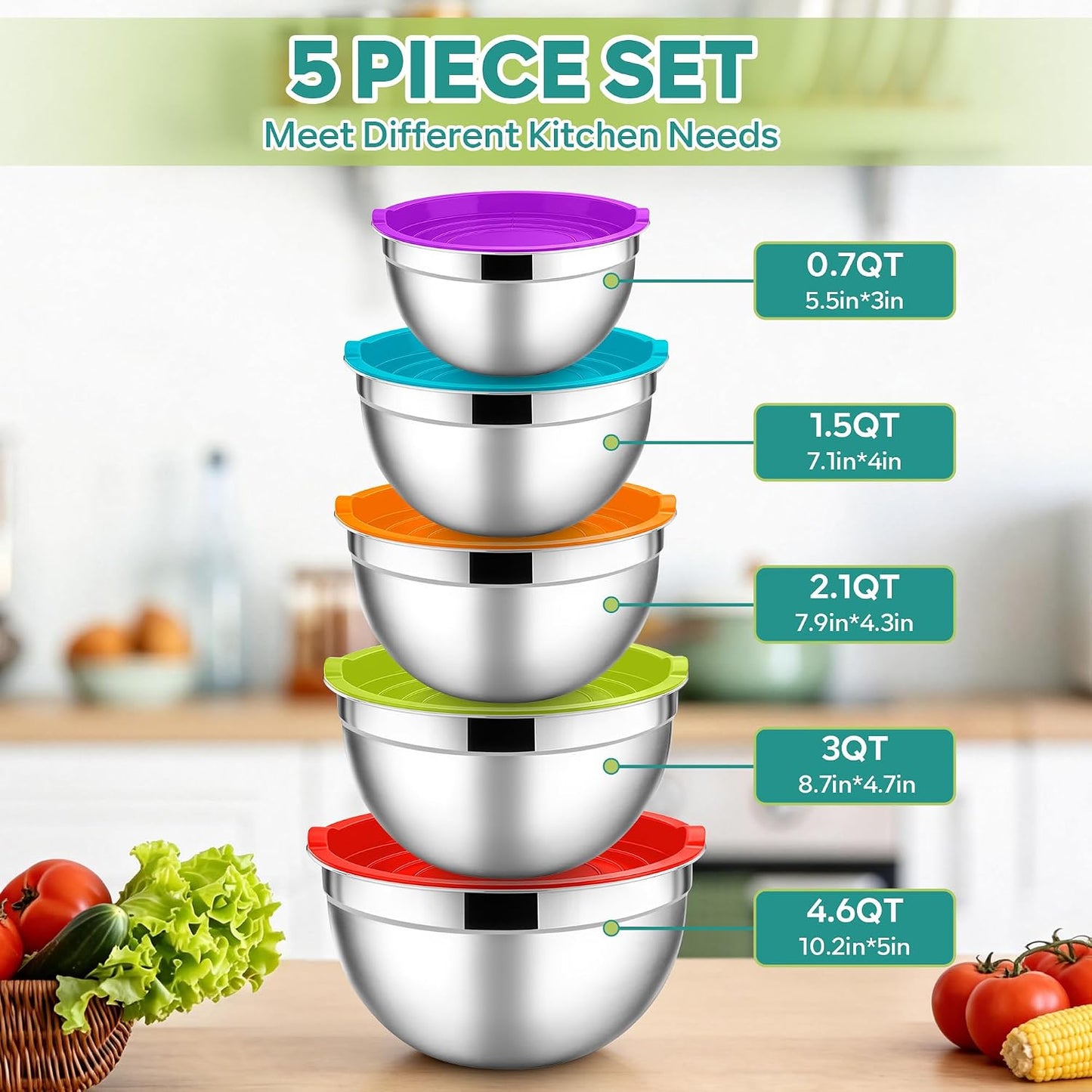 E-far Mixing Bowls With Lids Sets of 5, 10-Piece Stainless Steel Salad Metal Nesting Bowl for Baking Cooking and Prepping, Airtight Lid & Stackable Design, Size 4.6, 3, 2.1, 1.5, 0.7 QT, Black