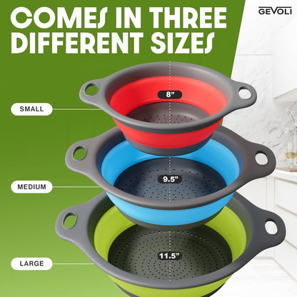 Gevoli 3-Pack Collapsible Colanders with Self-Draining Base, Over Sink-edge Silicone Food Strainers, Small/Med/Large Sizes, Nesting for Easy Compact Storage (3Qt, 4Qt, 5-Quart Set) Green/Gray