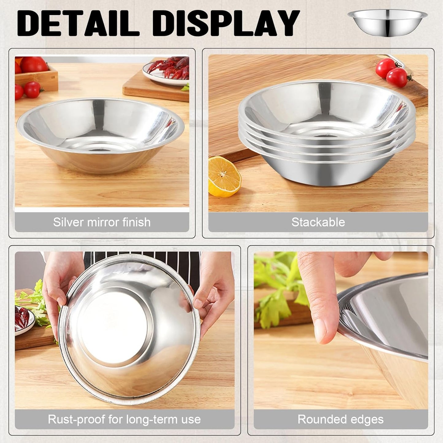 15 Pcs Stainless Steel Bowls Kitchen Metal Bowl with Flat 6.3 Inch Base Prep Bowls, Mixing Bowls Mirror Polish Metal Bowl Set for Meal Prep, Serving, Baking