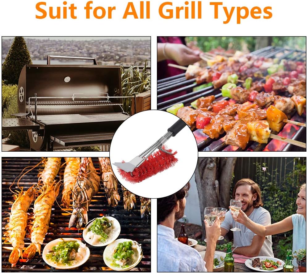 XSUPER Nylon Grill Brush, 3 in 1 Grill Brush & Scraper, Best Nylon Brushes, 18" Barbecue Cleaning Brush for a Cool Grill, Scraper for Grill Cooking Grates,Universal Fit BBQ Grill Accessories