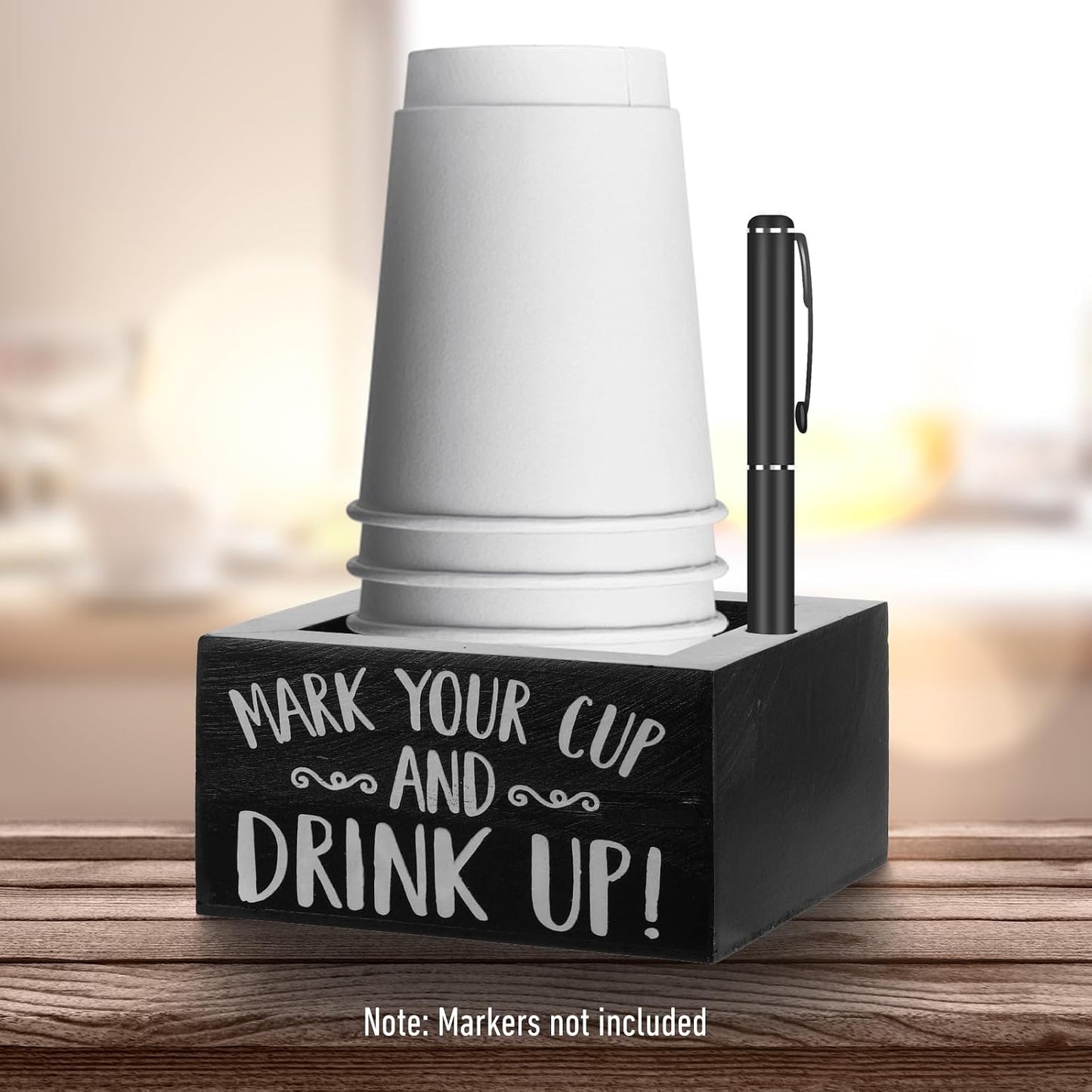 Party Cup Holder with Marker Slot - Wooden Mark Your Cups & Cup Dispenser for Parties, Farmhouse Decor, Home & Bar (Black, 5.7"x5.7"x2.95")