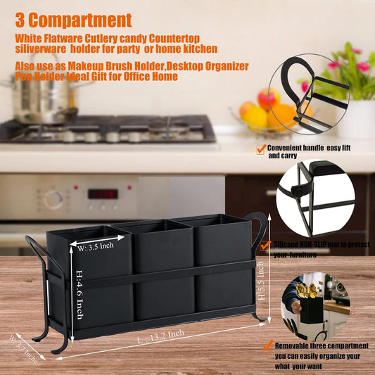NelyBet Utensil Holder Silverware Caddy for Party Countertop, 3pcs Bins Set Silverware Caddy Organizer Holders for Spoon and Fork, White and Black