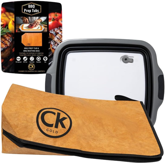 New Extra LARGE Collapsible BBQ Prep Tub with LOCKING LID & Meat Resting Bag - BPA Free Cutting Board with Lid, Leak Free, Strong Drain Hole for Meal Prep, Marinating, Grilling & Food Storage (Orange)