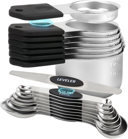 16-Piece Stainless Steel Measuring Cups and Spoons Set, Strong Magnetic Nesting Design 7 Cups 8 Spoons with Leveler, Double Measurement Markings for Dry & Liquid Ingredients, Gold