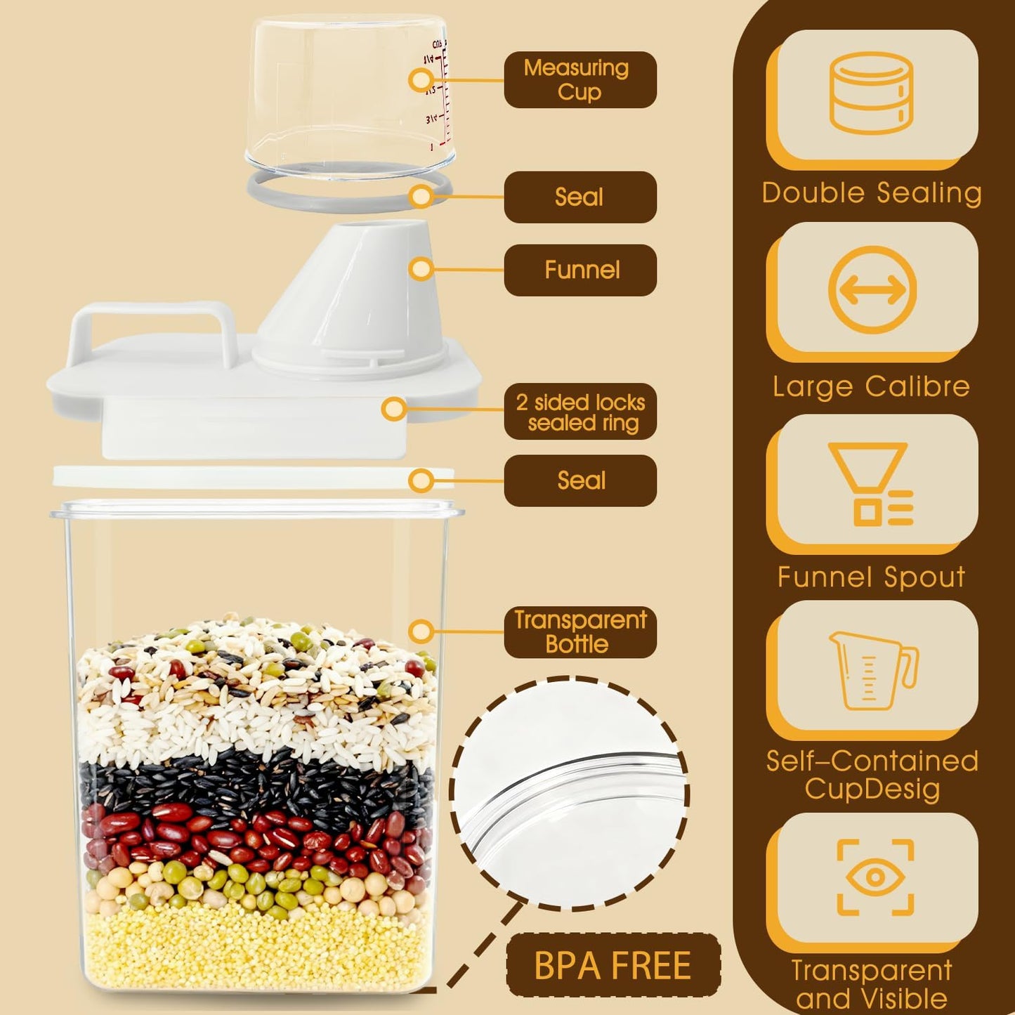 Upgraded Cereal Storage Container Set of 2 - 1600ML (54oz) Airtight Food Storage Organizer with Pour Spout & Measuring Cup for Rice, Flour, Sugar, Oatmeal, Pet Dog Cat Bird Food Dry Food Keep Fresh
