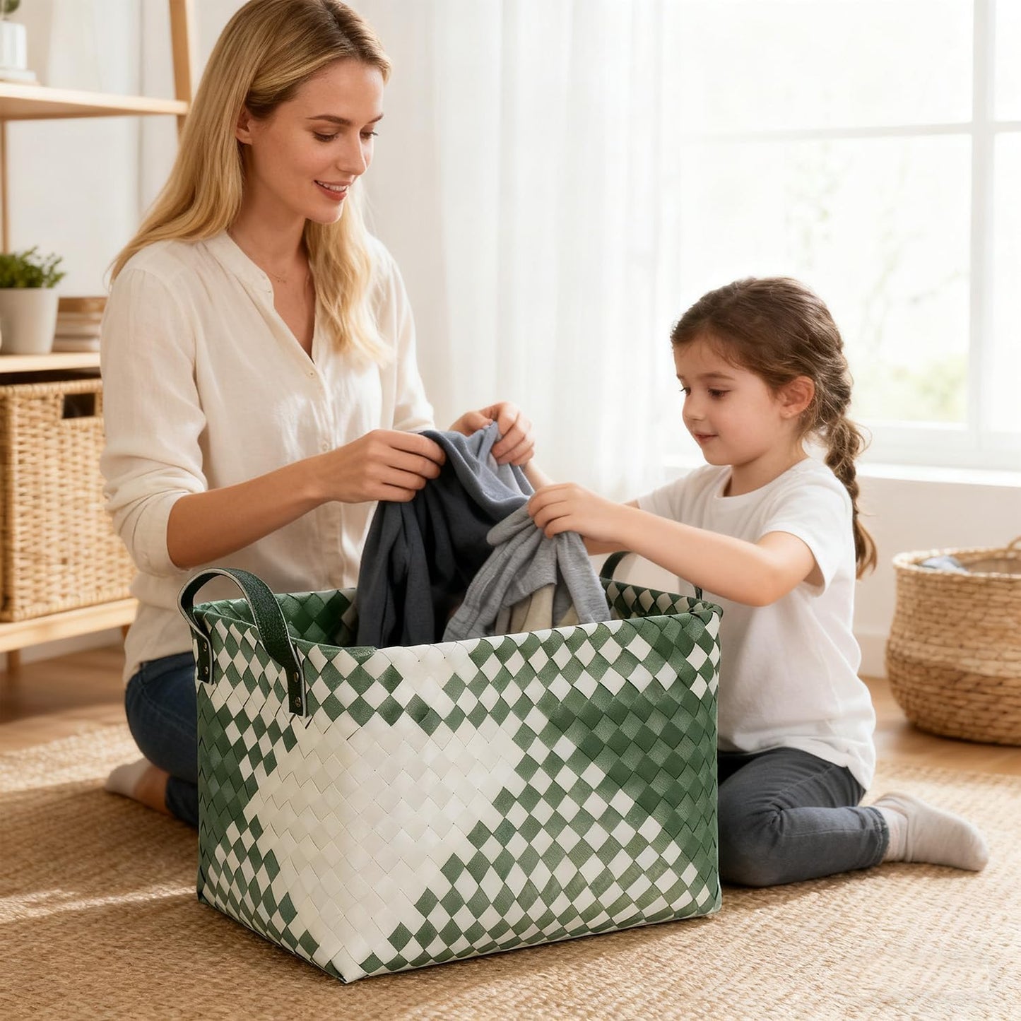 15L Laundry Baskets Waterproof Storage Baskets For Shelves Large Laundry Hamper With Leather Handle -set of 4 Cube Organizers Woven Bins for Bathroom,Bedroom,Pantry,Clothes,Car & Towels-Brown