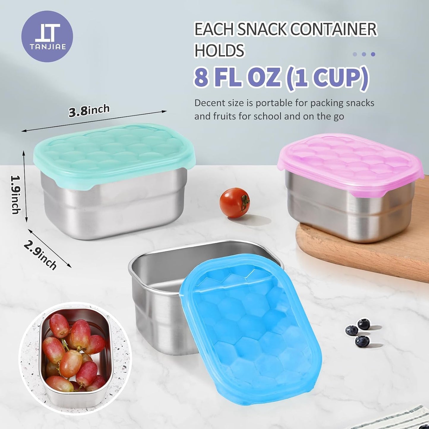 Tanjiae Small (1 CUP) Stainless Steel Snack Containers for Kids | Easy Open Leak Proof Food Containers with Silicone Lids - Perfect Metal Toddler Lunch Box for Daycare and School (8oz)